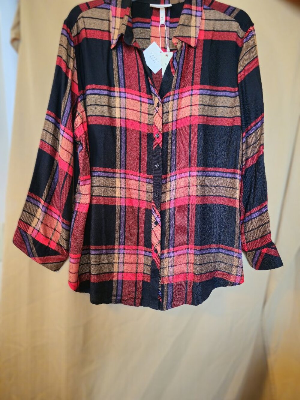 Hester & Orchard Plaid Button Down Shirt Black Red Tan Size XL NWT